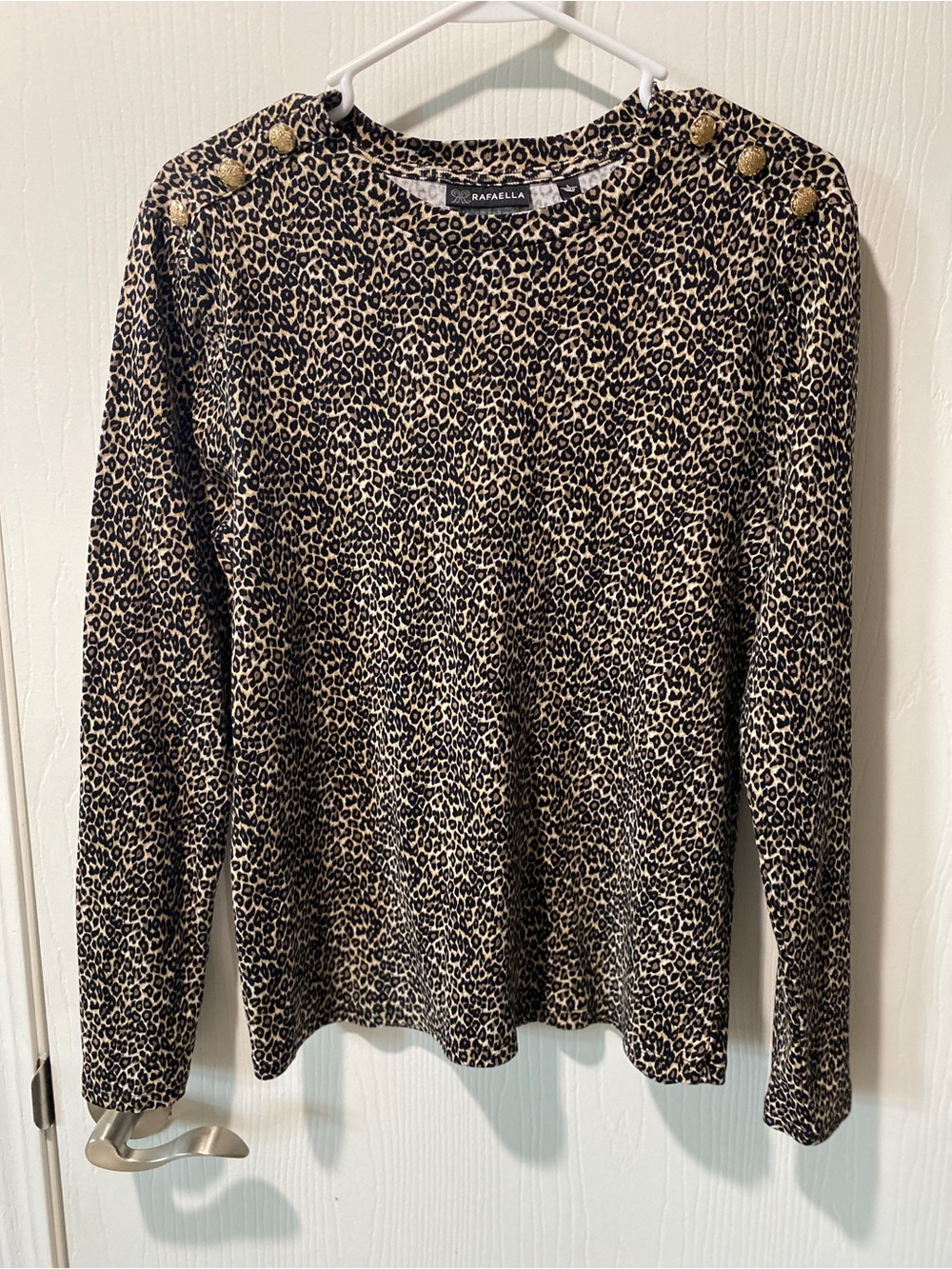 Rafaella Leopard Print Long-Sleeve Top with Gold Buttons - Beige/Black